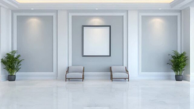 Modern elegant interior design with minimalist decor in bright spacious atrium featuring blank wall and decorative plants 4k video footage