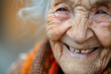 Timeless Smile of a Senior: A captivating close-up portrait of a senior individual whose radiant smile, etched with the stories of a lifetime, evokes warmth and serenity.