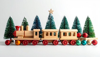 Obraz premium Wooden toy train on snowy ground with decorated trees, ornaments, and falling snowflakes in festive winter scene.