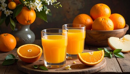 Describe two glasses of orange juice on a wooden tray with fresh oranges and sunlight. Highlight freshness, morning vibes, natural color, and healthy lifestyle in a cozy, plant-filled setting.