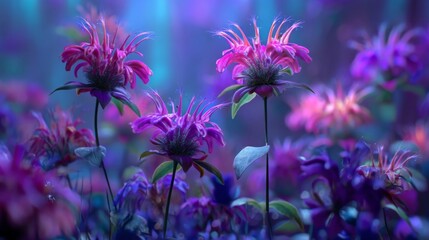 Fototapeta premium Vibrant close-up of colorful flowers in soft illuminated garden, showcasing intricate petals and dreamy background hues