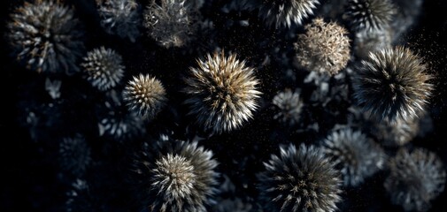 Abstract close-up view of textured round plant forms in dark background with intricate details and artistic patterns