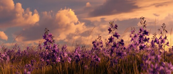 Fototapeta premium Vibrant Blooming Purple Flowers Under Golden Sunset Sky with Soft Clouds and Scenic Landscape