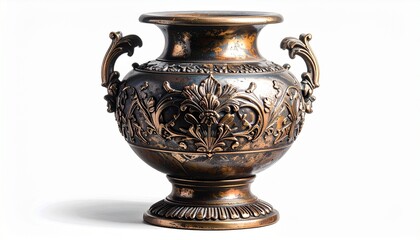 Describe an antique metal vase with ornate floral patterns, aged patina, and cultural significance. Focus on craftsmanship, historical context, and artistic symbolism in design.