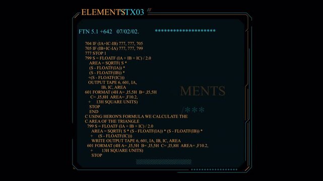Dynamic Sci-Fi HUD Animation Featuring Vintage Fortran Code Calculating Triangle Area - Powered by Adobe
