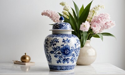 Elegant blue and white porcelain ginger jar with floral design next to vase of pink flowers, perfect for home decor