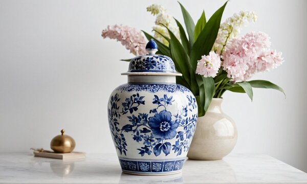 Elegant blue and white porcelain ginger jar with floral design next to vase of pink flowers, perfect for home decor