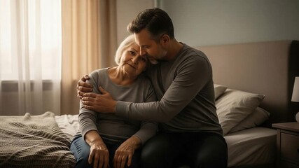 Adult son comforting his elderly mother at home offering support and care during a difficult time