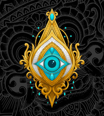 Mystical eye amulet emblem detailed illustration with ornamental gold and turquoise accents