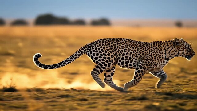 Graceful Leopard Strides Across Golden Savannah at Dusk Wildlife Action.