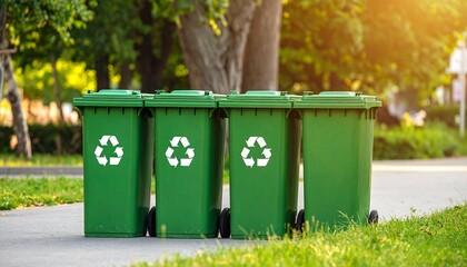 Green recycling bins in a park