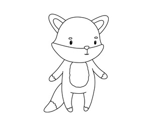 Cute woodland animal fox, hand drawn outline illustration for coloring page