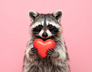 Adorable raccoon holding a vibrant red heart against a soft pink background makes a charming Valentine's Day, love, or pet adoption announcement