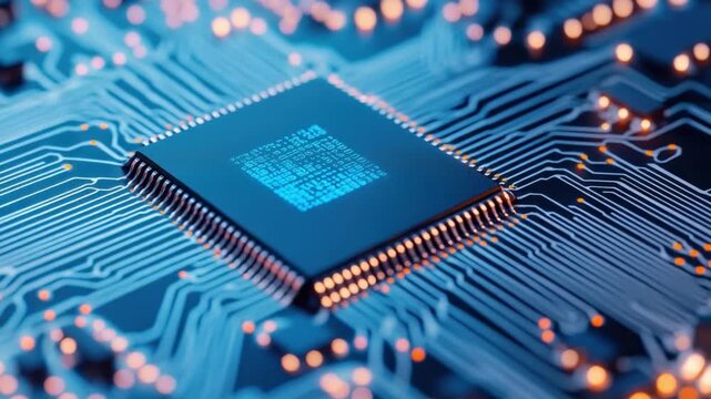 Close-up View of a Microchip on a Circuit Board Showing Intricate Patterns and Connections in Blue and Gold Colors 4k video footage