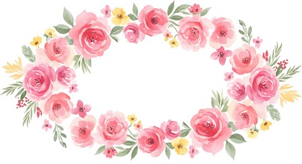 Watercolor floral wreath arrangement with pink roses and yellow accents on white backdrop