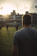 Fototapeta premium Man watches soccer game at sunset (2)