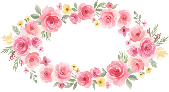 Watercolor floral wreath arrangement with pink roses and yellow accents on white backdrop - Powered by Adobe