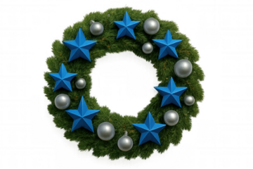 Christmas wreath decorating with blue stars and silver baubles, festive season evergreen holiday decor, transparent background