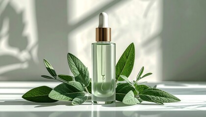 Green serum bottle on white surface with sage leaves