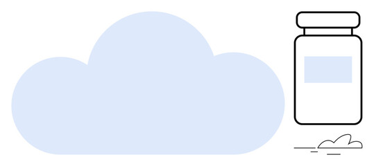 Cloud shape beside medicine bottle conveys integration of health data storage and modern medicine management. Ideal for healthcare, pharmaceuticals, technology, digital health, innovation, cloud