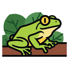 Green Frog Illustration Sitting on Branch with Leaves