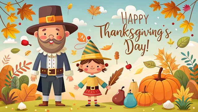 Happy thanksgiving day cartoon with pilgrim couple and autumn harvest