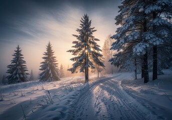 Fototapeta premium Winter forest path bathed in golden sunrise light, snow covered trees