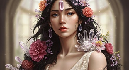Elegant woman portrait with floral crown and crystal embellishments