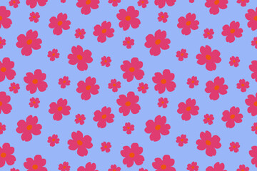 Cheerful seamless floral pattern with pink flowers on a soft blue background, perfect for spring and summer vibes.