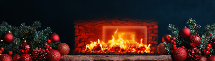 Naklejka premium Christmas cyber security technology concept with festive decorations and fireplace background creating warm holiday atmosphere