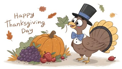 Cute cartoon turkey with hat and bow tie, thanksgiving day