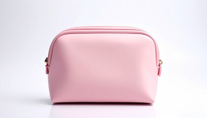 Light pink cosmetic bag with matte finish, rounded rectangular shape, gold hardware, zipper closure on white background.