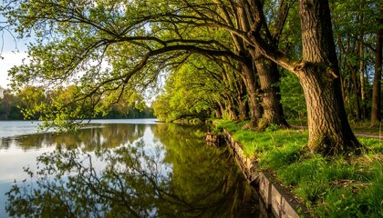 Serene lake and trees at dawn