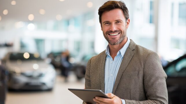 Automotive advisor holding digital tablet in modern luxury car dealership showroom, perfect for contemporary consulting service and customer interaction concept. Modern tech savvy professional.