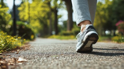 Elderly person engaging in daily walking exercise on park pathway, active senior living concept, healthy aging lifestyle, physical fitness routine, wellness activity theme, outdoor exercise program.