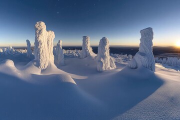 Snow-covered pillars at dawn, mountain winter