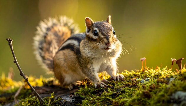 Close-up of chipmunk on mossy log - Powered by Adobe