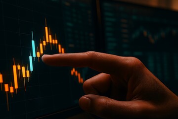 Analyzing stock market trends, finger pointing at dynamic financial data display