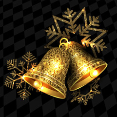Merry Christmas. Isolated gold textured bell with snowflakes.