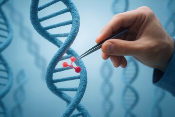 Molecule insertion into blue DNA helix structure represents genetic engineering, showcasing precision medicine with advanced biotechnology and potential future of health