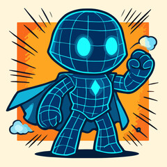 Superhero Robot In Digital Grid Suit Futuristic Mesh Armor Mascot
