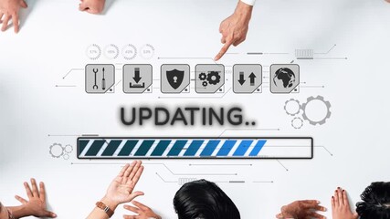 A diverse team collaborates over a digital update, visualizing progress with a bar and various technology icons. This image represents innovation and teamwork in business. Raster - Powered by Adobe