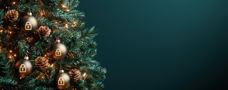 Christmas tree with cyber security themed ornaments and technology inspired decorations create festive and secure holiday atmosphere