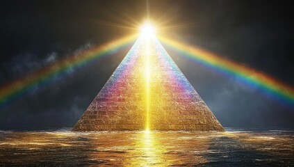Pyramid bathed in celestial light; rainbow arc overhead