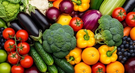 Abundant fresh healthy vegetables and fruits arranged in a colorful assortment