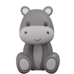 Cartoon Hippo Character in Gray Tones Sitting on Transparent Background