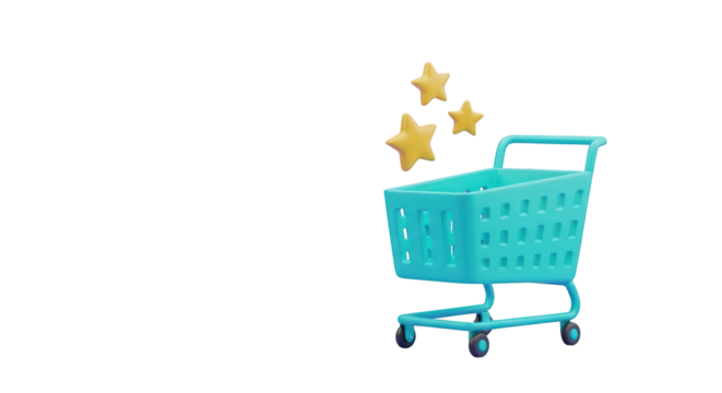 3D Blue Shopping Cart with Yellow Stars on Transparent Background trolley ecommerce isolated on a transparent background