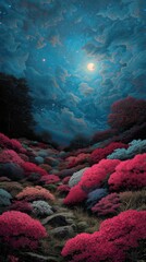 Vibrant Night Landscape with Colorful Blossoms Under a Moonlit SkyFilled with Stars