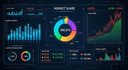 Digital futuristic financial dashboard with multi-pie chart visualization