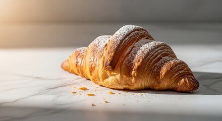 Golden croissant dusted with powdered sugar on a marble surface.